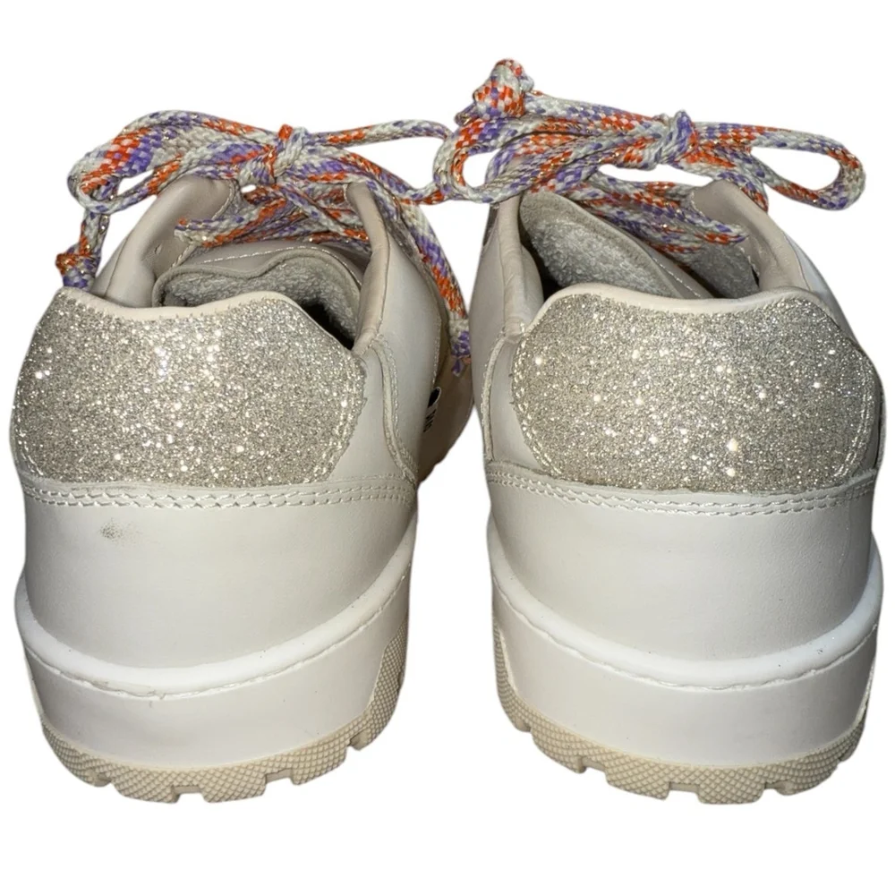 P448 Sneakers Beige Tan Lace Up‎ Platform Sneakers with Gold Glitter Size 8 39